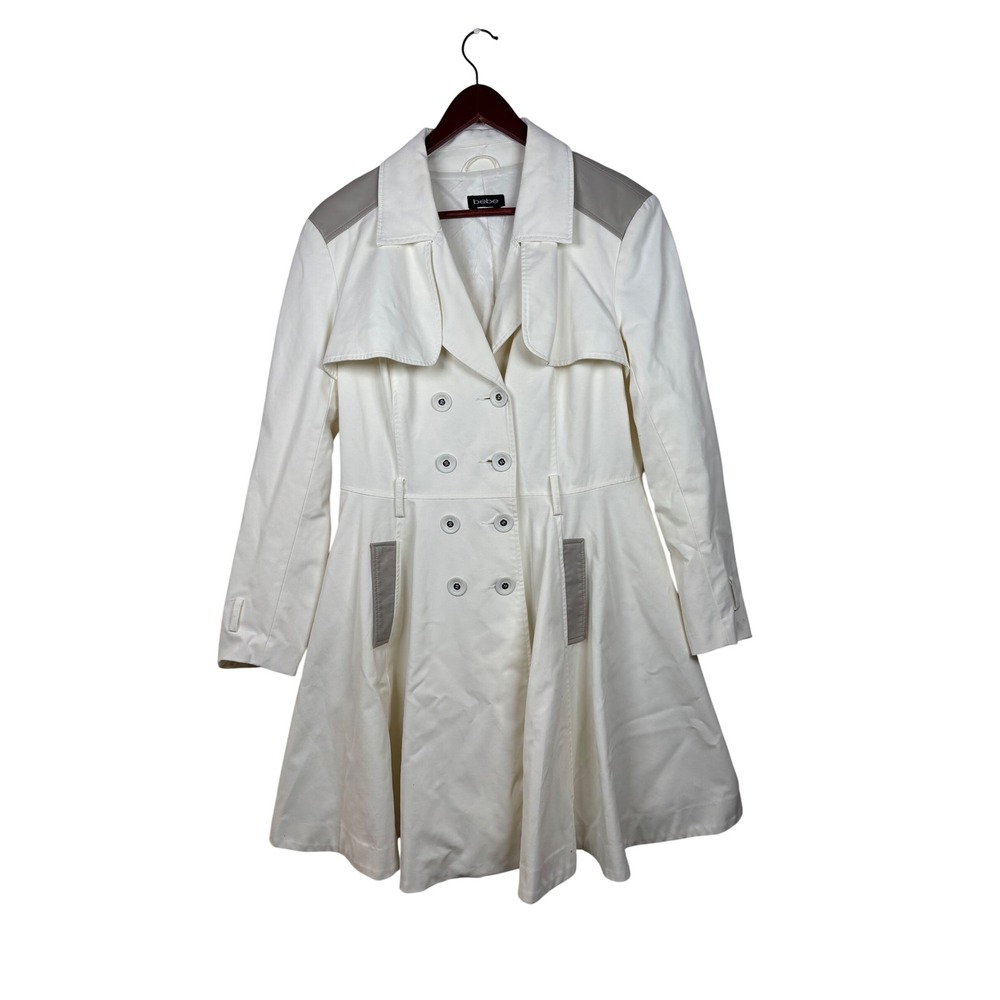 Bebe Trench Coat Women Large White Double‎ Breasted Fit Flare Contrast Trim